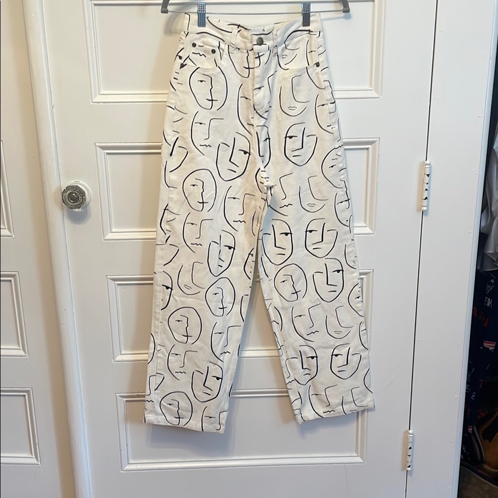 Abstract Face Print Wide Leg Pants